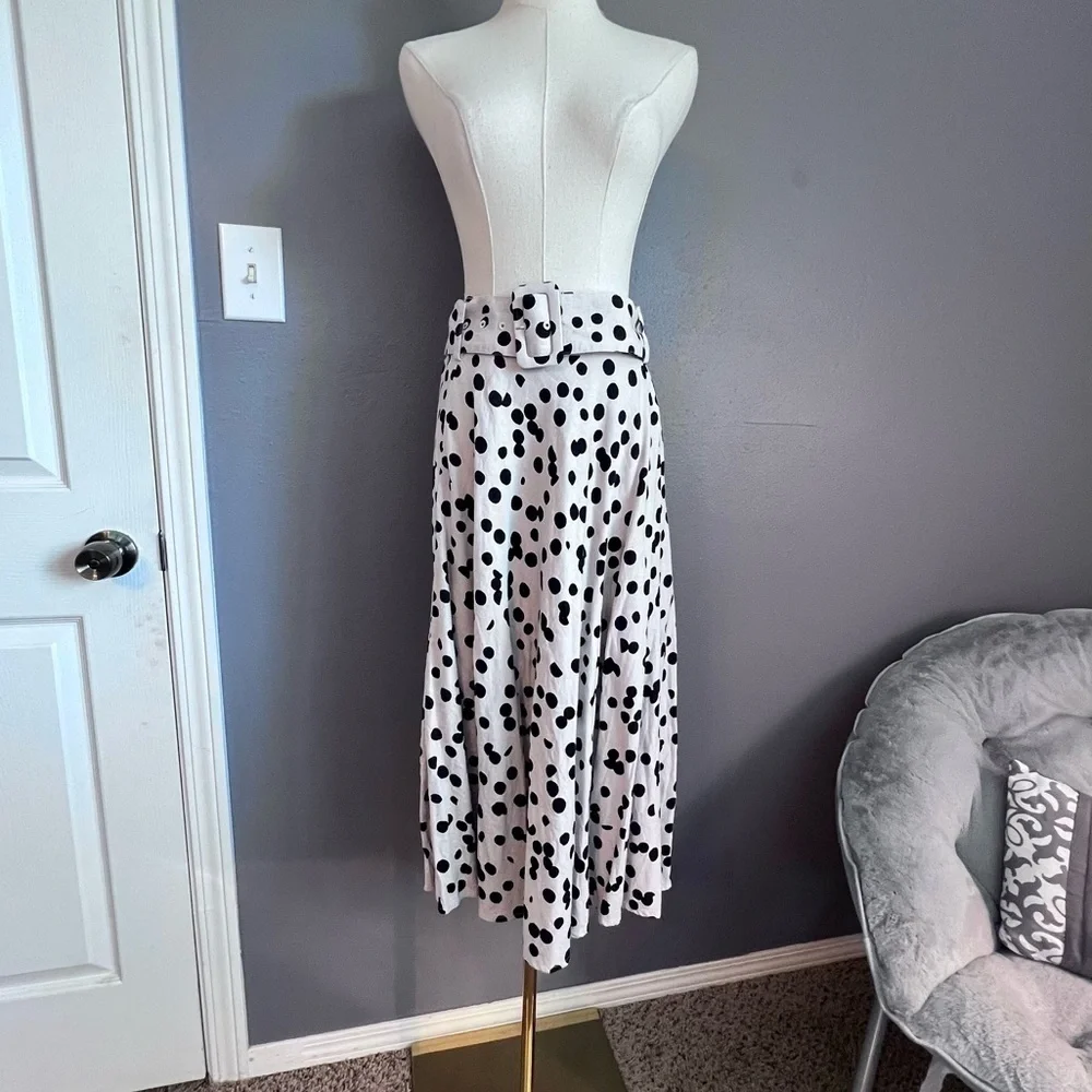 Tahari Belted Elastic Waist Black Beige Polka Dot Linen Blend Midi Skirt Women 8 - Picture 5 of 14